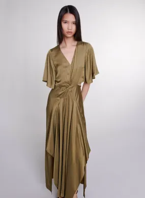 MAJE Vestido largo con cuello de pico en caqui