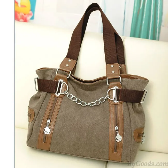 Retro Double Zipper Chain Decorative Splicing Shoulder Bag Leisure Large Capacity Canvas Handbag